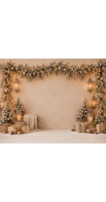 Fond de studio photo de Noël Éclat Doré — décor beige et or élégant avec guirlandes lumineuses