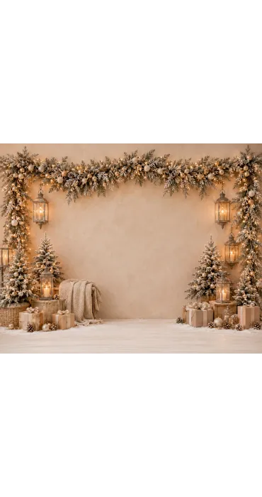 Fond de studio photo de Noël Éclat Doré — décor beige et or élégant avec guirlandes lumineuses
