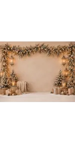 Jule-fotostudiebaggrund Gyldent Juleskær — elegant scene i beige og guld med lysende guirlander