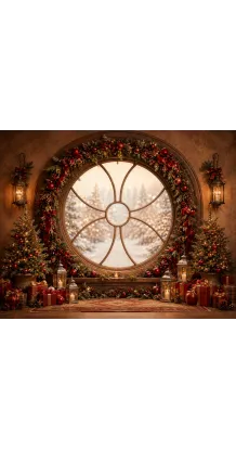 Fond de studio photo de Noël Fenêtre Rouge — fenêtre ronde ornée de rouge et d’or