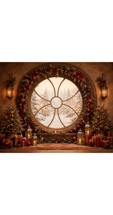 Fond de studio photo de Noël Fenêtre Rouge — fenêtre ronde ornée de rouge et d’or