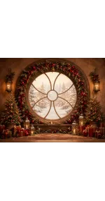 Christmas photo studio backdrop Red Christmas Window — round window trimmed in red and gold