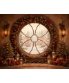 Christmas photo studio backdrop Red Christmas Window — round window trimmed in red and gold