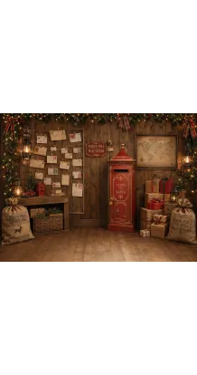 Christmas photo studio backdrop North Pole Post Office — red mailbox and pinned-up letters