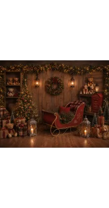 Fond de studio photo de Noël Le Traîneau du Père Noël — traîneau rouge dans un chalet chaleureux