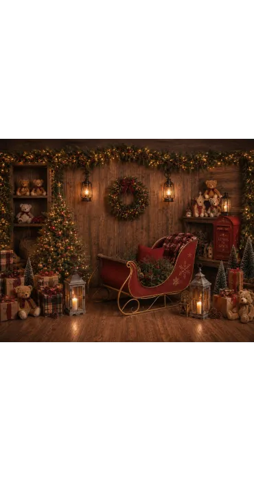 Weihnachtlicher Foto-Studiohintergrund Der Schlitten des Weihnachtsmanns — roter Schlitten in gemütlicher Hütte
