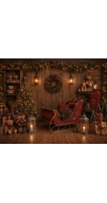 Fond de studio photo de Noël Le Traîneau du Père Noël — traîneau rouge dans un chalet chaleureux