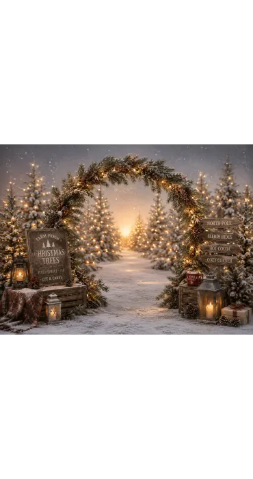 Weihnachtlicher Foto-Studiohintergrund Der Wald der tausend Lichter — Wald beleuchteter Tannen und ein Lichterbogen