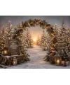 Weihnachtlicher Foto-Studiohintergrund Der Wald der tausend Lichter — Wald beleuchteter Tannen und ein Lichterbogen