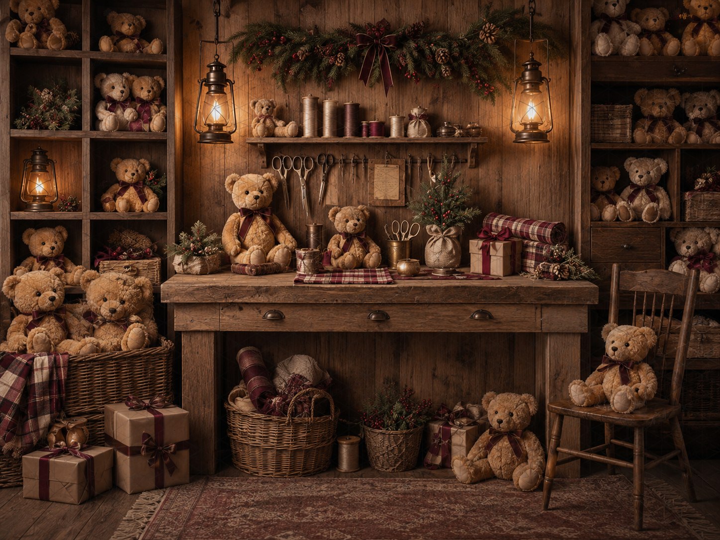 Fond de studio photo de Noël L’Atelier des Nounours — atelier vintage garni d’ours en peluche