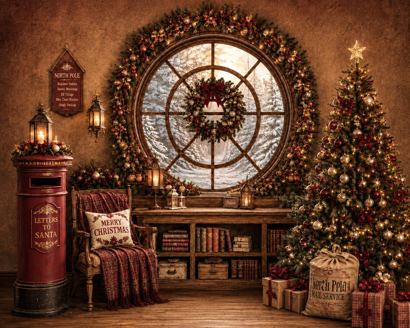 Fond de studio photo de Noël Le Bureau du Père Noël — fenêtre ronde et boîte aux lettres rouge