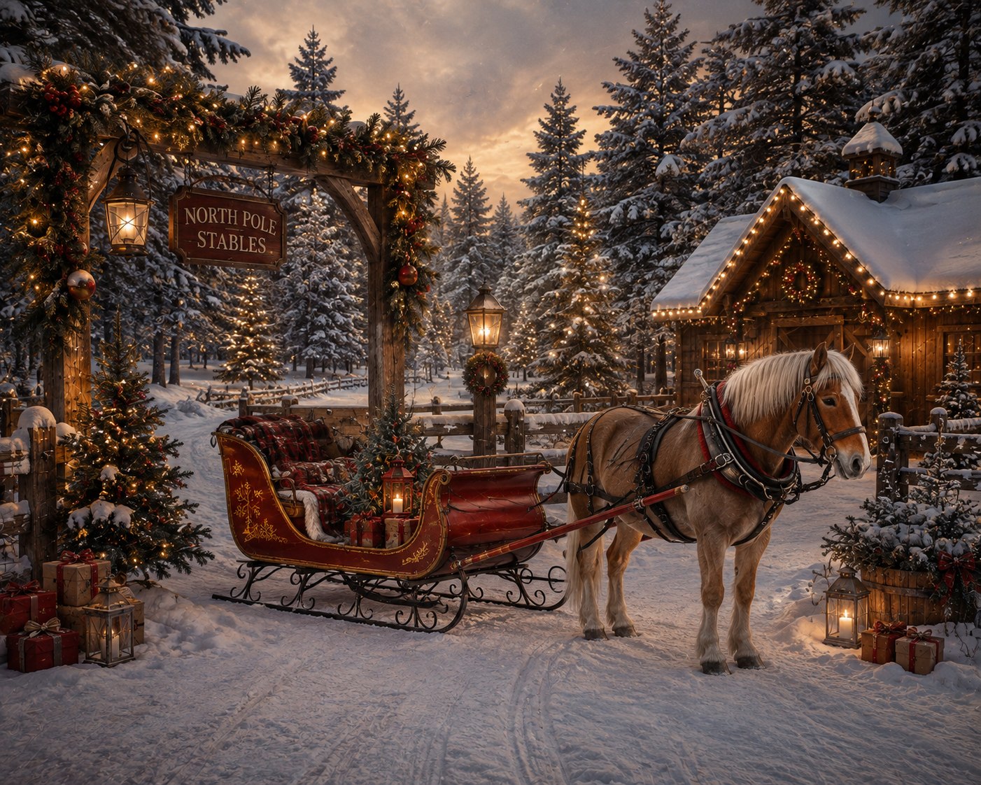 Fond de studio photo de Noël Les Écuries du Pôle Nord — cheval et traîneau rouge sous la neige