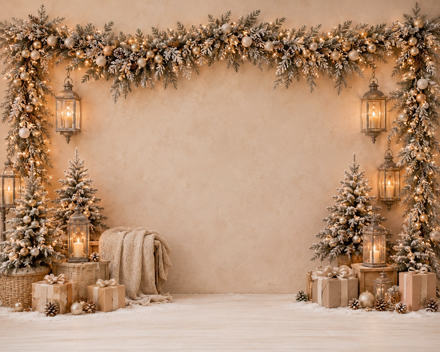 Fond de studio photo de Noël Éclat Doré — décor beige et or élégant avec guirlandes lumineuses