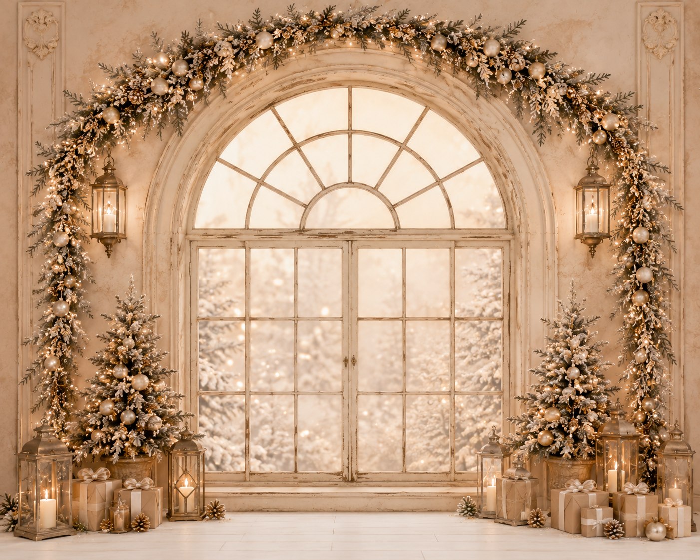 Fond de studio photo de Noël Rêverie Blanche — fenêtre cintrée crème et sapins givrés