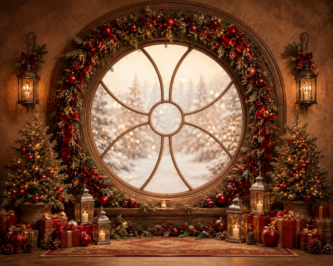Fond de studio photo de Noël Fenêtre Rouge — fenêtre ronde ornée de rouge et d’or