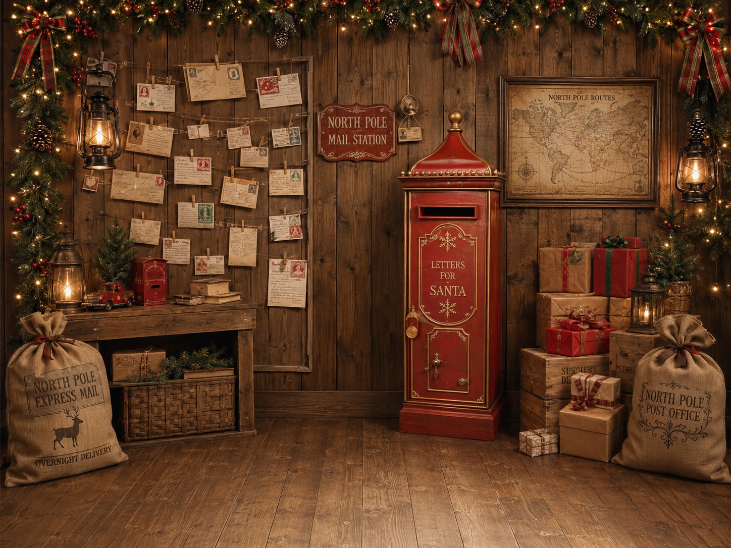Fond de studio photo de Noël La Poste du Pôle Nord — boîte aux lettres rouge et courriers épinglés