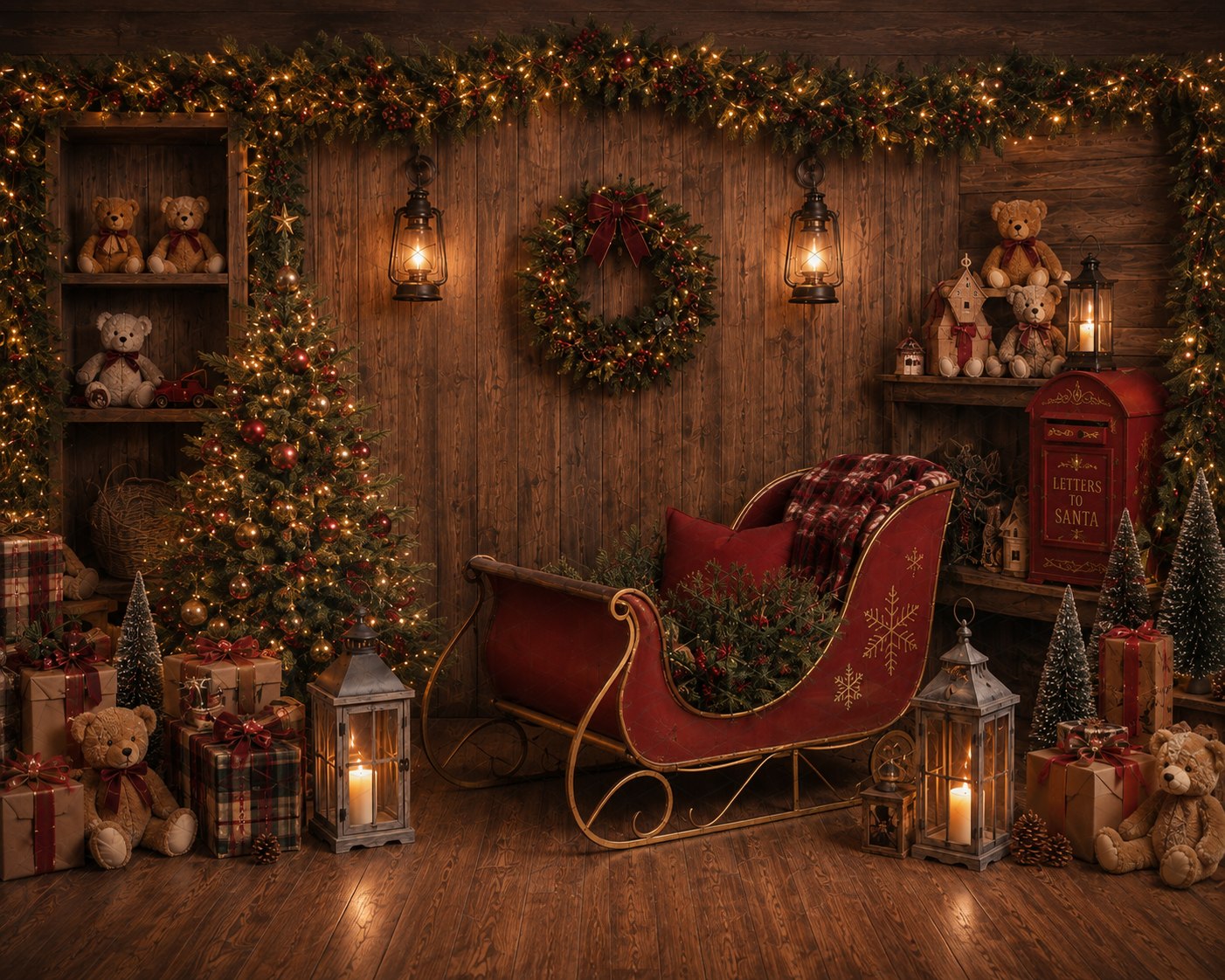 Fond de studio photo de Noël Le Traîneau du Père Noël — traîneau rouge dans un chalet chaleureux