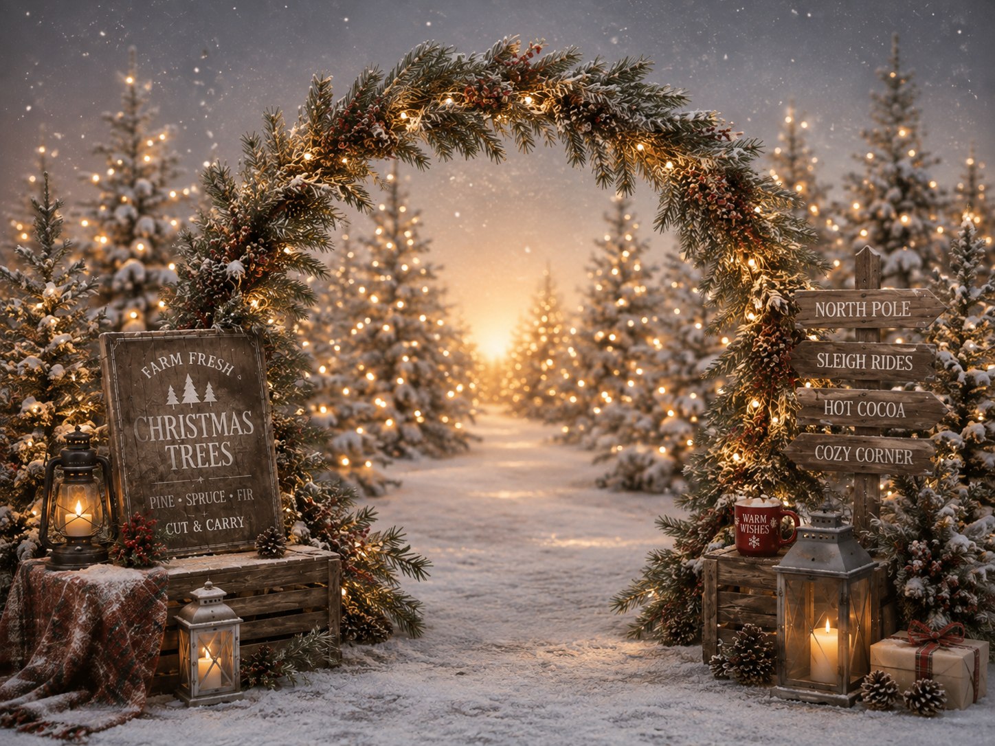Fond de studio photo de Noël La Forêt aux Mille Lumières — forêt de sapins illuminés et arche de lumières